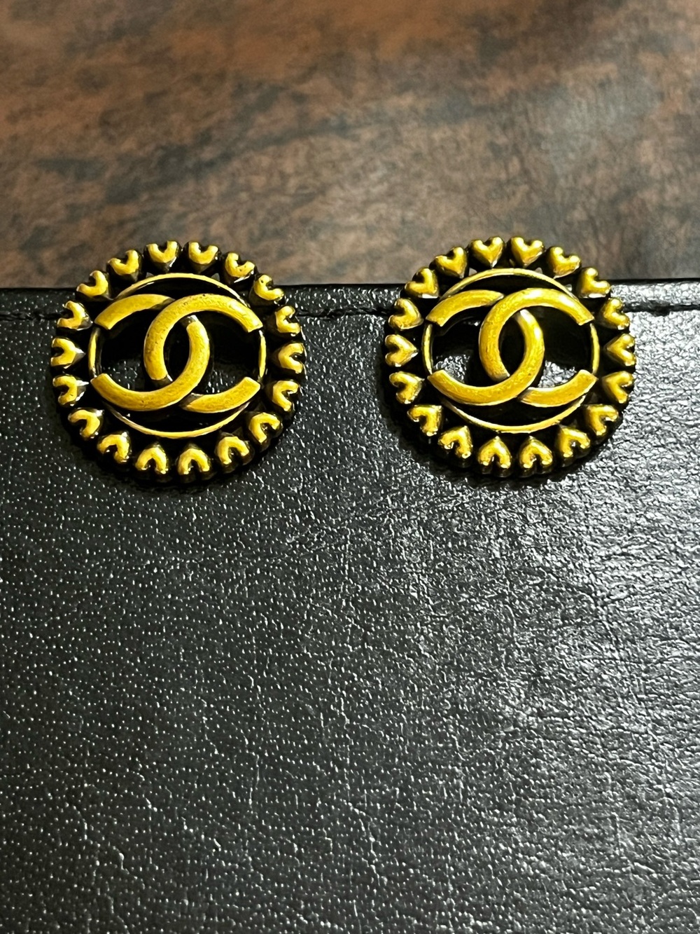 Double C Designer Heart Round Stud Brushed Gold Tone Earrings